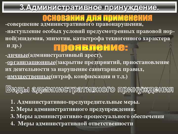 3. Административное принуждение. -совершение административного правонарушения, -наступление особых условий предусмотренных правовой норной(эпидемия, эпизотия, катастрофа