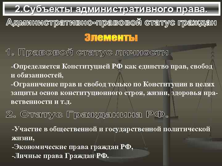 2. Субъекты административного права. -Определяется Конституцией РФ как единство прав, свобод и обязанностей, -Ограничение