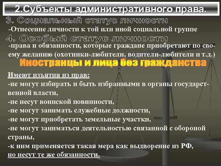 2. Субъекты административного права. -Отнесение личности к той или иной социальной группе -права и