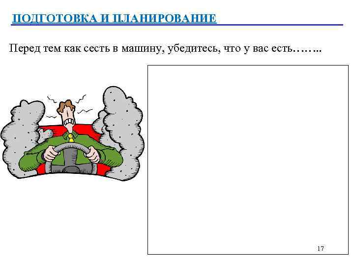 ПОДГОТОВКА И ПЛАНИРОВАНИЕ Перед тем как сесть в машину, убедитесь, что у вас есть…….