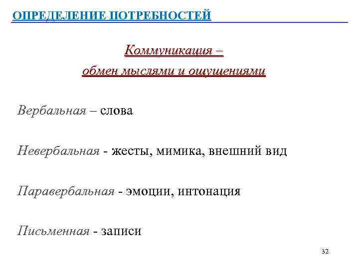 ОПРЕДЕЛЕНИЕ ПОТРЕБНОСТЕЙ Коммуникация – обмен мыслями и ощущениями Вербальная – слова Невербальная - жесты,