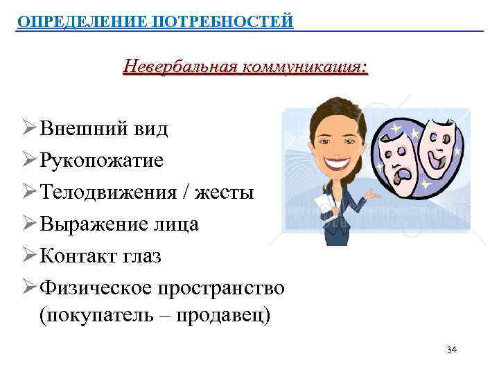 ОПРЕДЕЛЕНИЕ ПОТРЕБНОСТЕЙ Невербальная коммуникация: Ø Внешний вид Ø Рукопожатие Ø Телодвижения / жесты Ø