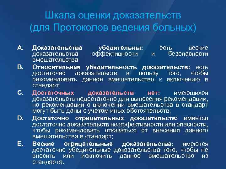 Шкала оценки доказательств (для Протоколов ведения больных) A. B. C. D. E. Доказательства убедительны: