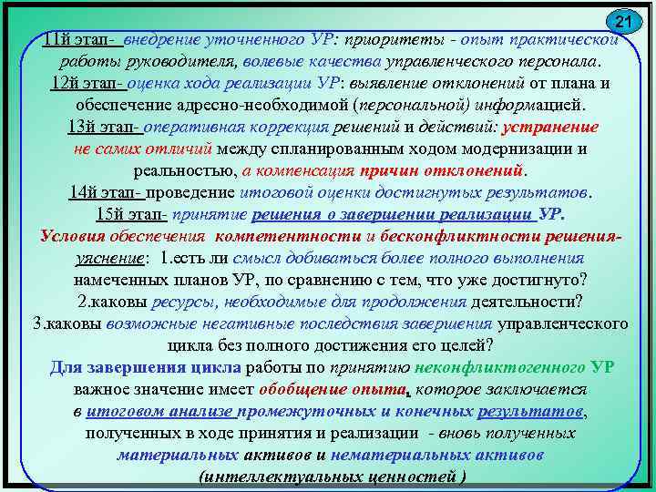 21 11 й этап- внедрение уточненного УР: приоритеты - опыт практической работы руководителя, волевые