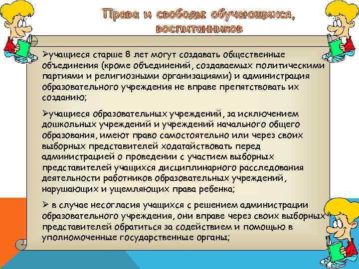 Права и свободы обучающихся, воспитанников Øучащиеся старше 8 лет могут создавать общественные объединения (кроме