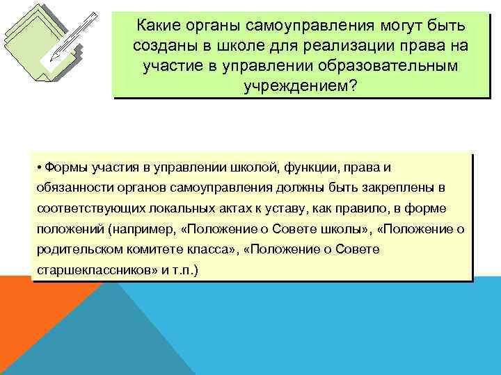 Какие органы самоуправления могут быть созданы в школе для реализации права на участие в