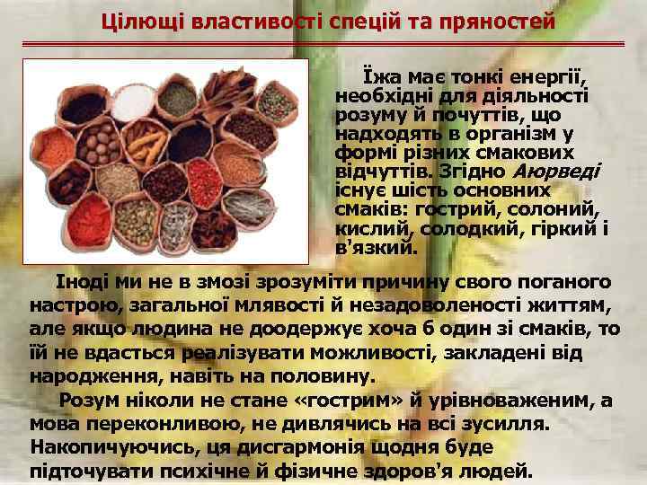 Цілющі властивості спецій та пряностей Їжа має тонкі енергії, необхідні для діяльності розуму й