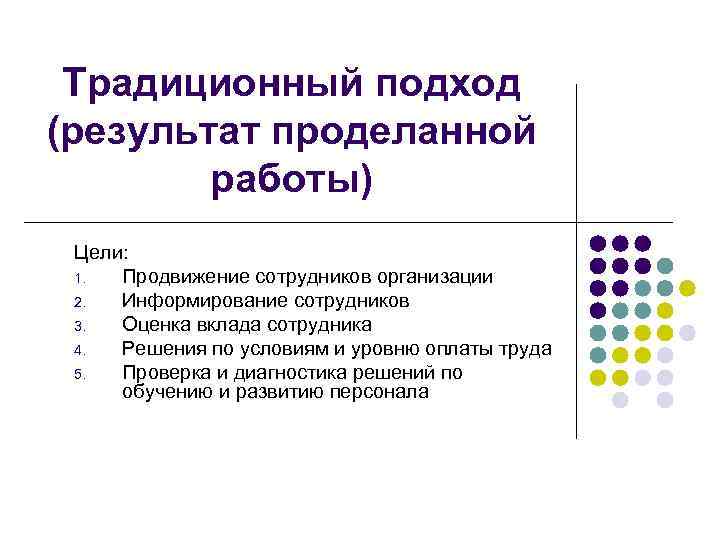 Традиционный подход (результат проделанной работы) Цели: 1. Продвижение сотрудников организации 2. Информирование сотрудников 3.