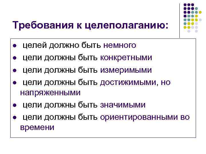 Требования к целеполаганию: l l l целей должно быть немного цели должны быть конкретными