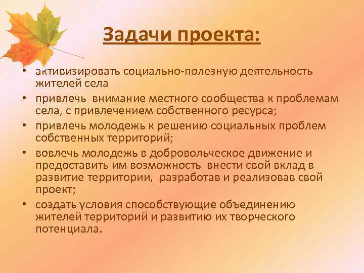 Задачи проекта: • активизировать социально-полезную деятельность жителей села • привлечь внимание местного сообщества к