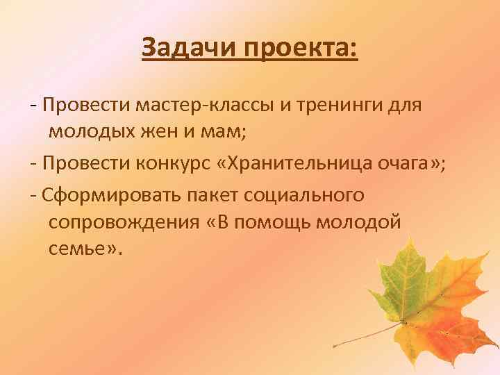 Задачи проекта: - Провести мастер-классы и тренинги для молодых жен и мам; - Провести