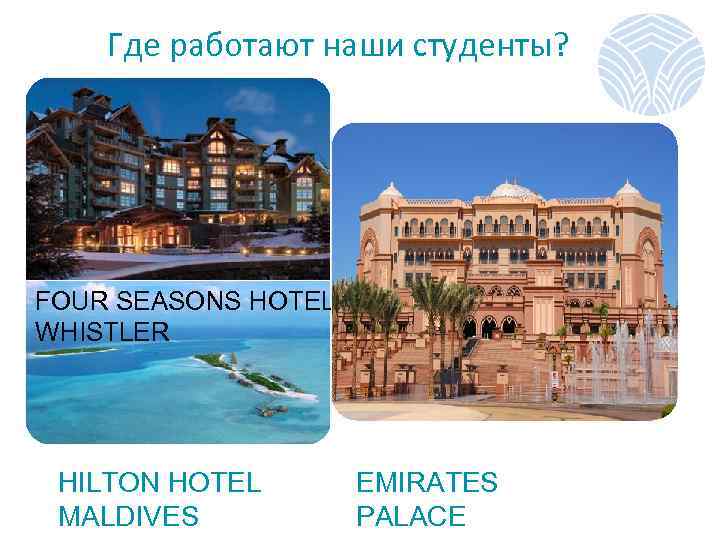  Где работают наши студенты? FOUR SEASONS HOTEL WHISTLER HILTON HOTEL MALDIVES EMIRATES PALACE