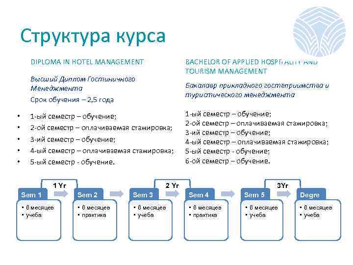 Структура курса DIPLOMA IN HOTEL MANAGEMENT BACHELOR OF APPLIED HOSPITALITY AND TOURISM MANAGEMENT Высший