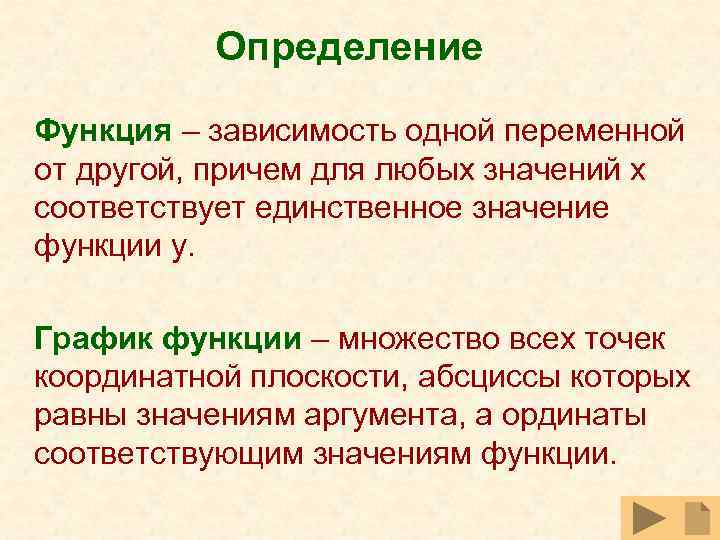 Определение Функция – зависимость одной переменной от другой, причем для любых значений х соответствует