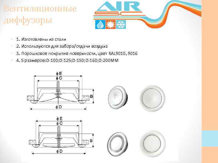 Вентиляционные диффузоры • • 1. Изготовлены из стали 2. Используются для забора/отдачи воздуха 3.