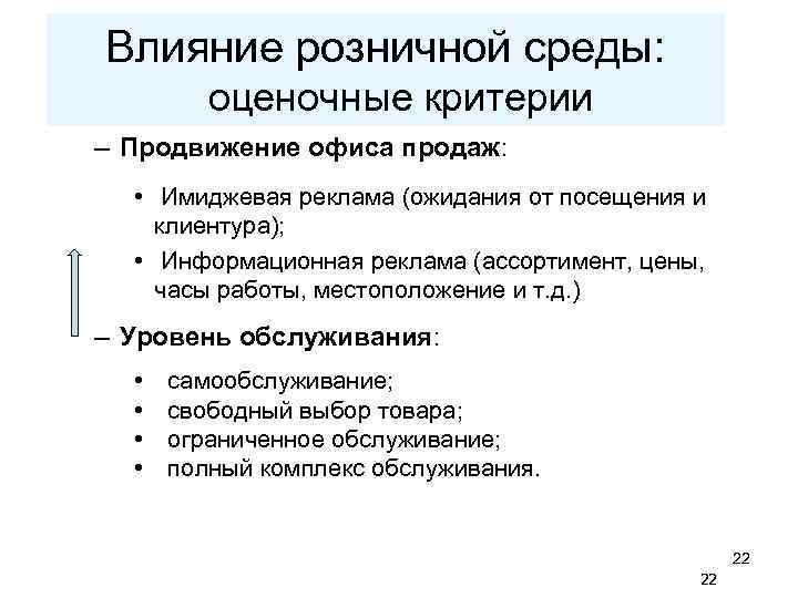 Влияние розничной среды: оценочные критерии – Продвижение офиса продаж: • Имиджевая реклама (ожидания от