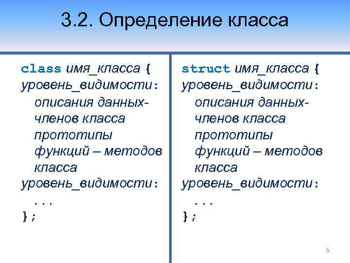 3. 2. Определение класса class имя_класса { уровень_видимости: описания данныхчленов класса прототипы функций –