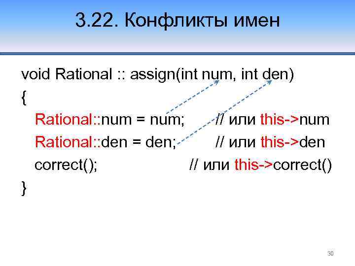 3. 22. Конфликты имен void Rational : : assign(int num, int den) { Rational:
