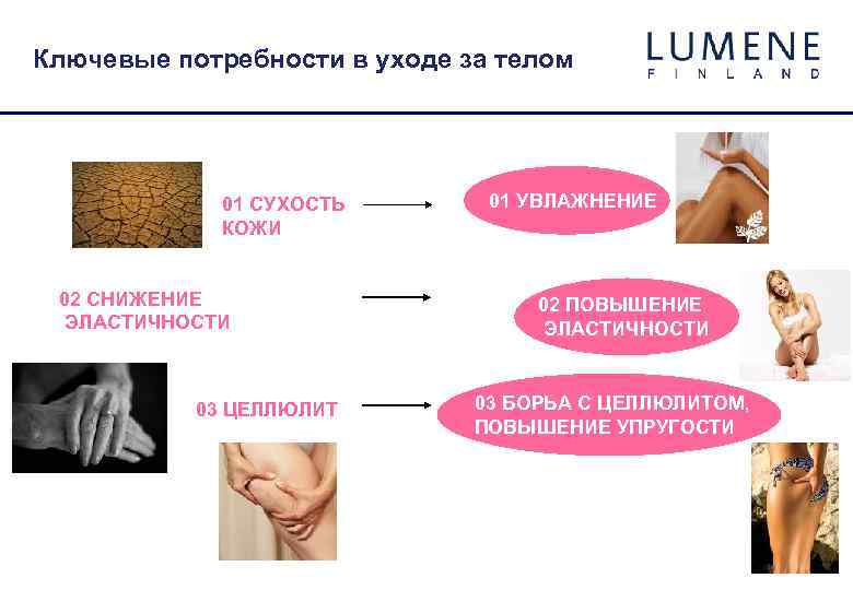 Ключевые потребности в уходе за телом 01 СУХОСТЬ КОЖИ 02 СНИЖЕНИЕ ЭЛАСТИЧНОСТИ 03 ЦЕЛЛЮЛИТ