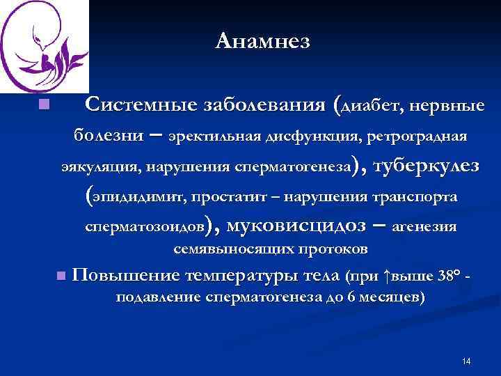 Анамнез Системные заболевания (диабет, нервные n болезни – эректильная дисфункция, ретроградная эякуляция, нарушения сперматогенеза),