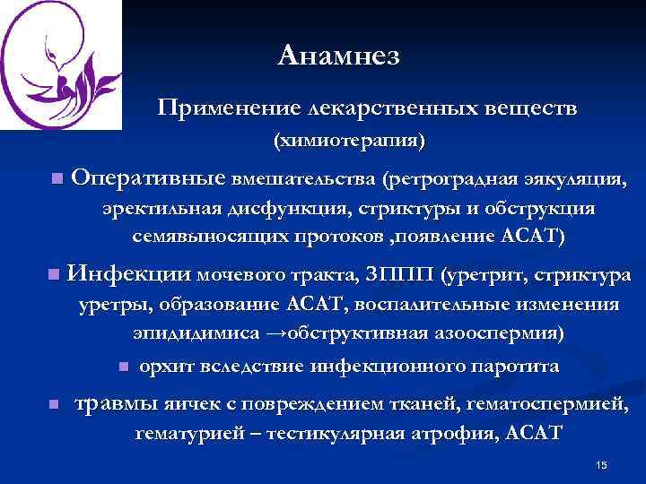 Анамнез Применение лекарственных веществ n (химиотерапия) n Оперативные вмешательства (ретроградная эякуляция, эректильная дисфункция, стриктуры