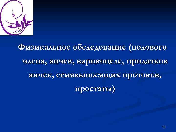 Физикальное обследование (полового члена, яичек, варикоцеле, придатков яичек, семявыносящих протоков, простаты) 18 