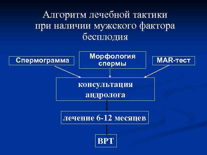 Алгоритм лечебной тактики при наличии мужского фактора бесплодия Спермограмма Морфология спермы консультация андролога лечение