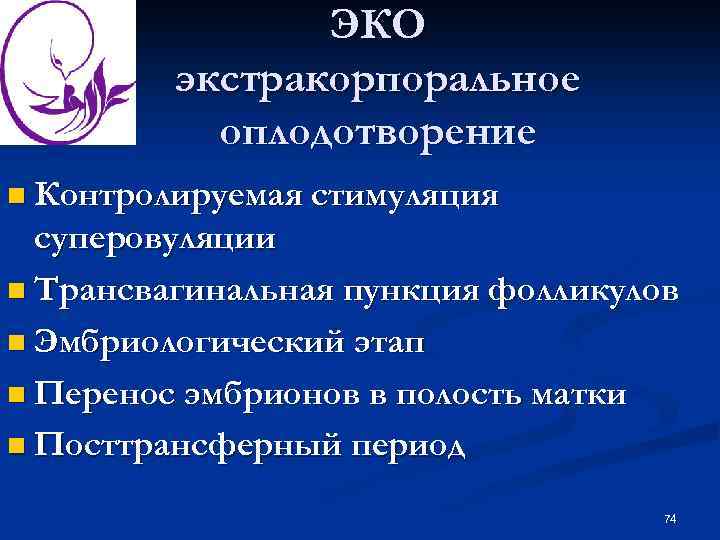 ЭКО экстракорпоральное оплодотворение n Контролируемая стимуляция суперовуляции n Трансвагинальная пункция фолликулов n Эмбриологический этап