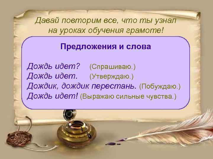 Давай повторим все, что ты узнал на уроках обучения грамоте! Предложения и слова Дождь