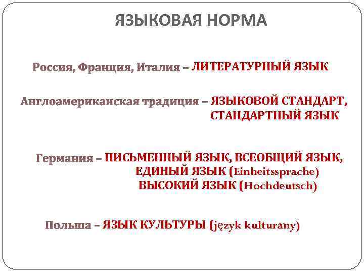 ЯЗЫКОВАЯ НОРМА ЛИТЕРАТУРНЫЙ ЯЗЫК Россия, Франция, Италия – ЛИТЕРАТУРНЫЙ ЯЗЫКОВОЙ СТАНДАРТ, Англоамериканская традиция –