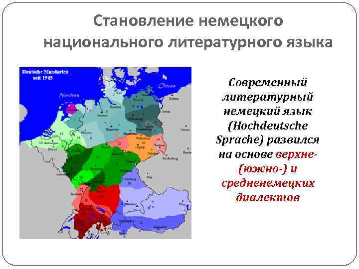Становление немецкого национального литературного языка Современный литературный немецкий язык (Hochdeutsche Sprache) развился на основе