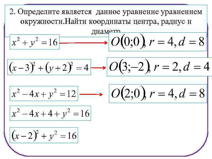 2. Определите является данное уравнением окружности. Найти координаты центра, радиус и диаметр 