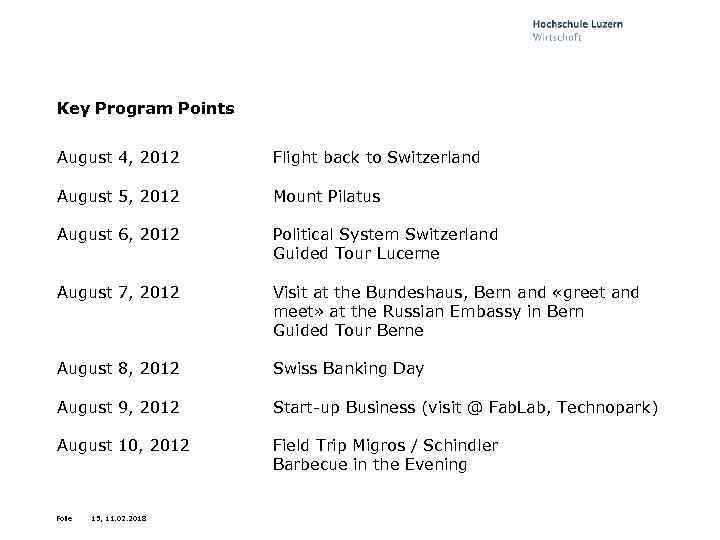 Key Program Points August 4, 2012 Flight back to Switzerland August 5, 2012 Mount