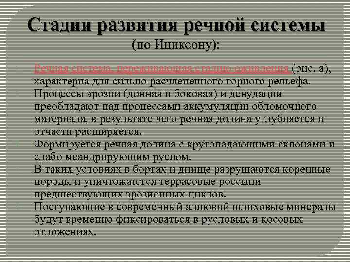 Стадии развития речной системы (по Ициксону): 1. 2. 3. 4. 5. Речная система, переживающая