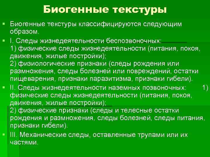 Биогенные текстуры § Биогенные текстуры классифицируются следующим образом. § I. Следы жизнедеятельности беспозвоночных: 1)