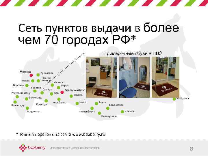 Сеть пунктов выдачи в более чем 70 городах РФ* Примерочные обуви в ПВЗ *Полный
