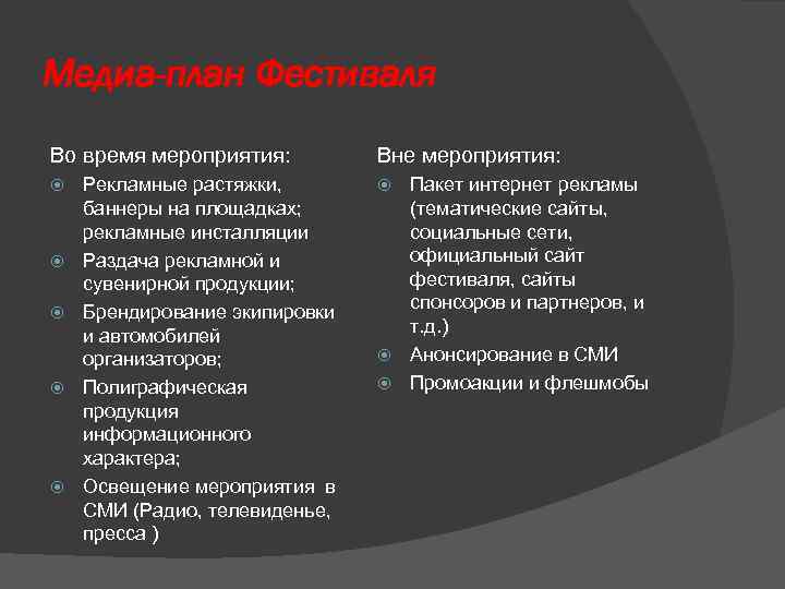 Медиа-план Фестиваля Во время мероприятия: Рекламные растяжки, баннеры на площадках; рекламные инсталляции Раздача рекламной