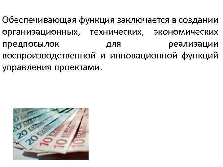 Обеспечивающая функция заключается в создании организационных, технических, экономических предпосылок для реализации воспроизводственной и инновационной
