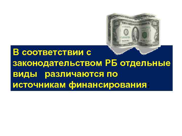 В соответствии с законодательством РБ отдельные виды различаются по источникам финансирования: 
