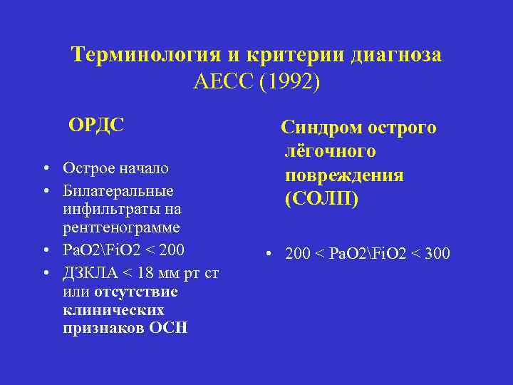 Терминология и критерии диагноза АЕСС (1992) ОРДС • Острое начало • Билатеральные инфильтраты на