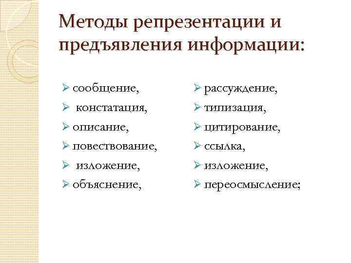 Методы репрезентации и предъявления информации: Ø сообщение, Ø рассуждение, констатация, Ø описание, Ø повествование,