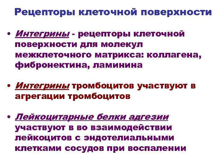 Рецепторы клеточной поверхности • Интегрины - рецепторы клеточной поверхности для молекул межклеточного матрикса: коллагена,