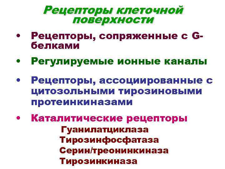 Рецепторы клеточной поверхности • Рецепторы, сопряженные с Gбелками • Регулируемые ионные каналы • Рецепторы,