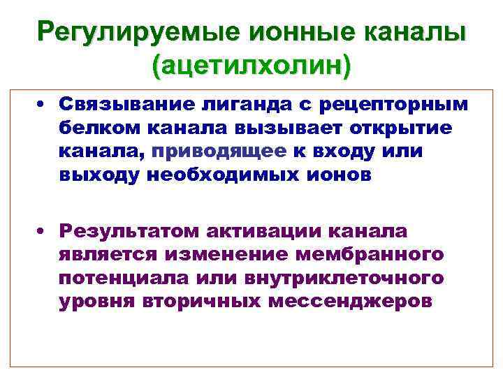 Регулируемые ионные каналы (ацетилхолин) • Связывание лиганда с рецепторным белком канала вызывает открытие канала,