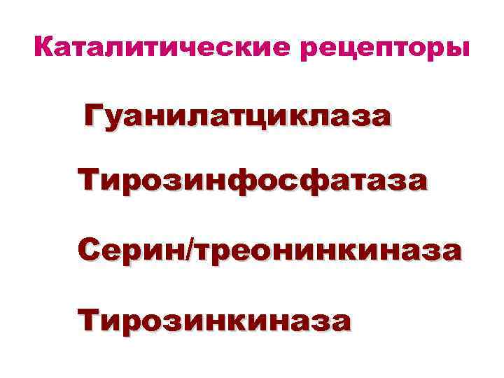 Каталитические рецепторы Гуанилатциклаза Тирозинфосфатаза Серин/треонинкиназа Тирозинкиназа 