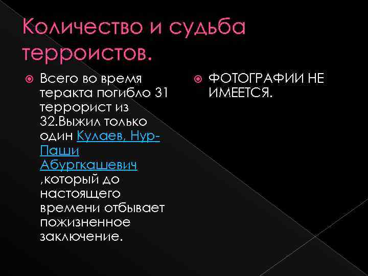 Количество и судьба терроистов. Всего во время теракта погибло 31 террорист из 32. Выжил