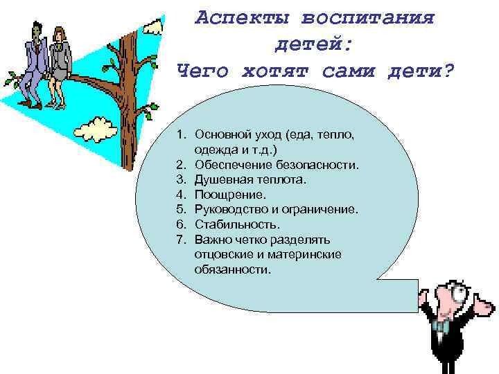 Аспекты воспитания детей: Чего хотят сами дети? 1. Основной уход (еда, тепло, одежда и