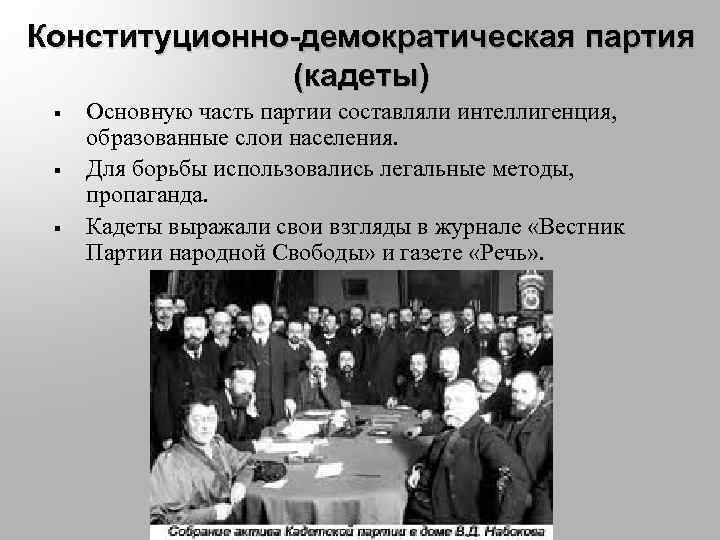Конституционно-демократическая партия (кадеты) § § § Основную часть партии составляли интеллигенция, образованные слои населения.