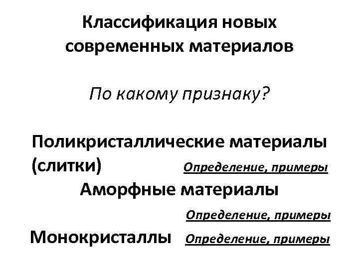 Классификация новых современных материалов По какому признаку? Поликристаллические материалы (слитки) Определение, примеры Аморфные материалы