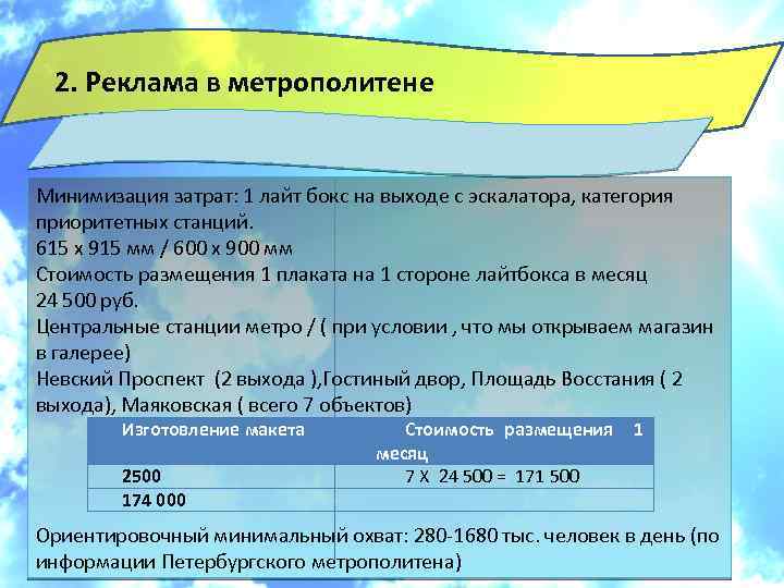 2. Реклама в метрополитене Минимизация затрат: 1 лайт бокс на выходе с эскалатора, категория